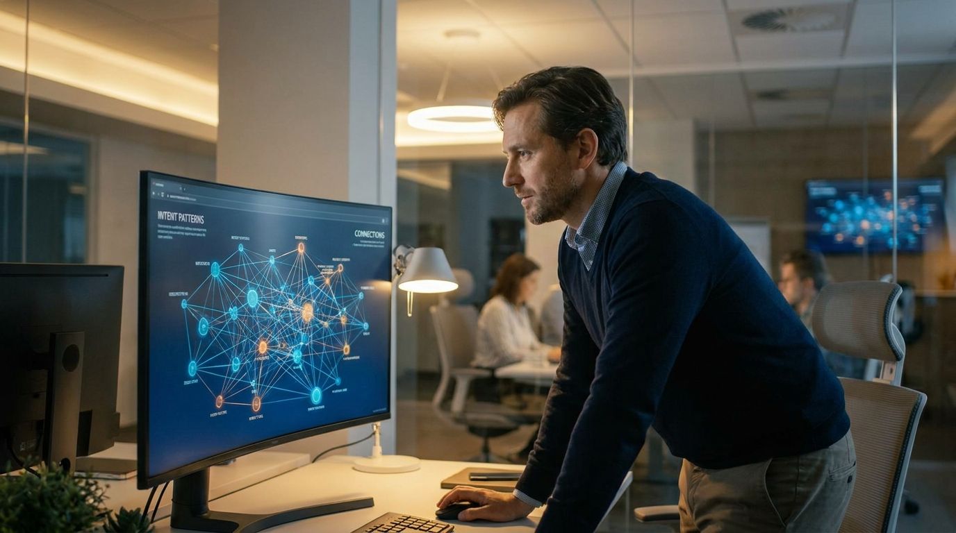 Visualisation de données d'intention sur écran avec graphiques luminescents en environnement professionnel.